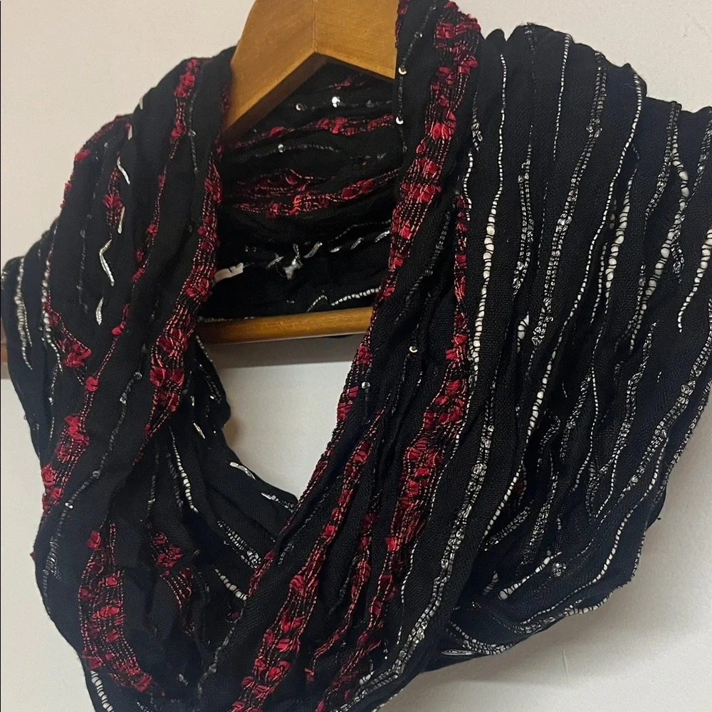 Bohemian Mixed Textile Fabric Infinity Scarf, Sequins, Sparkle Black Red Cream